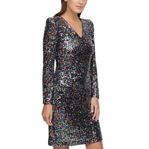 DKNY - Rainbow Sequin Sheath V-Neck Dress | 12
